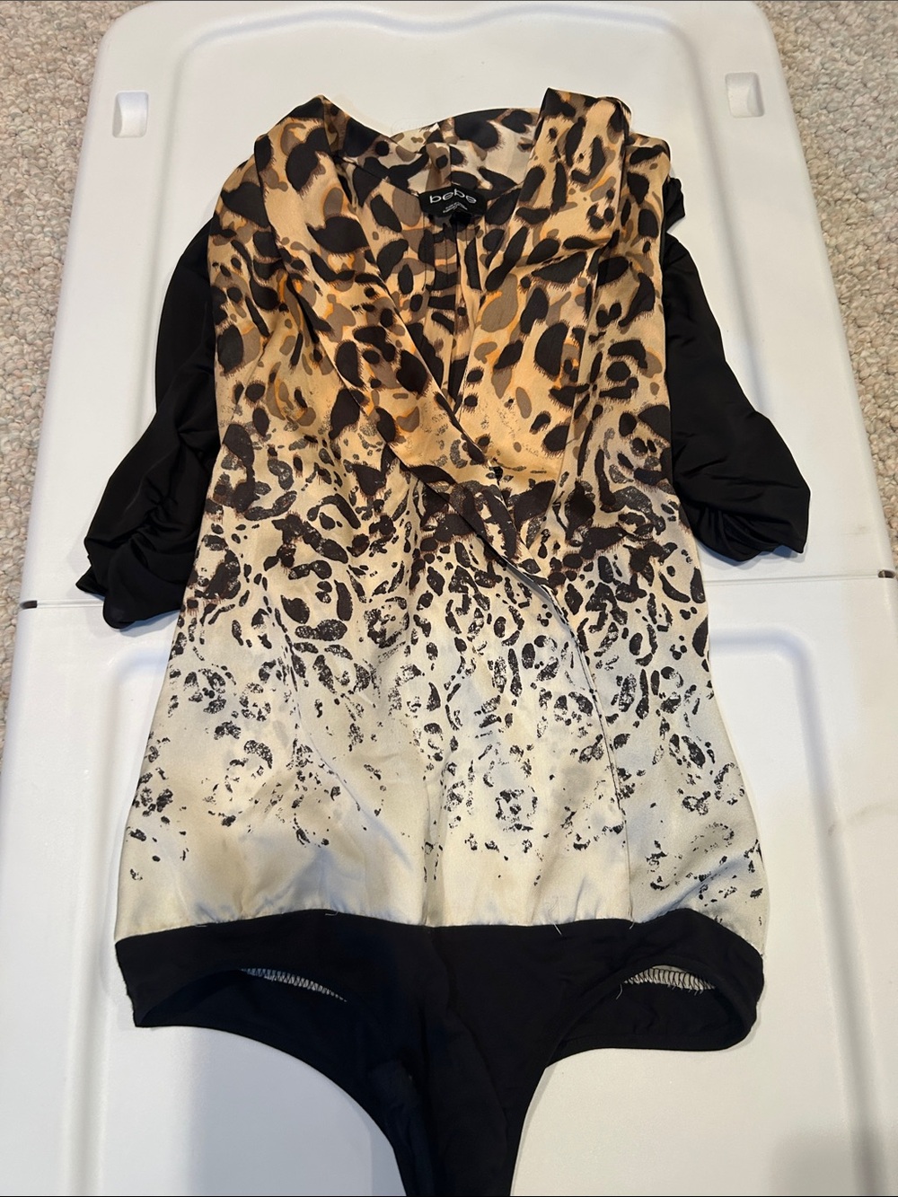 bebe Leopard Ombre Cowl Neck Bodysuit in Tan and Black